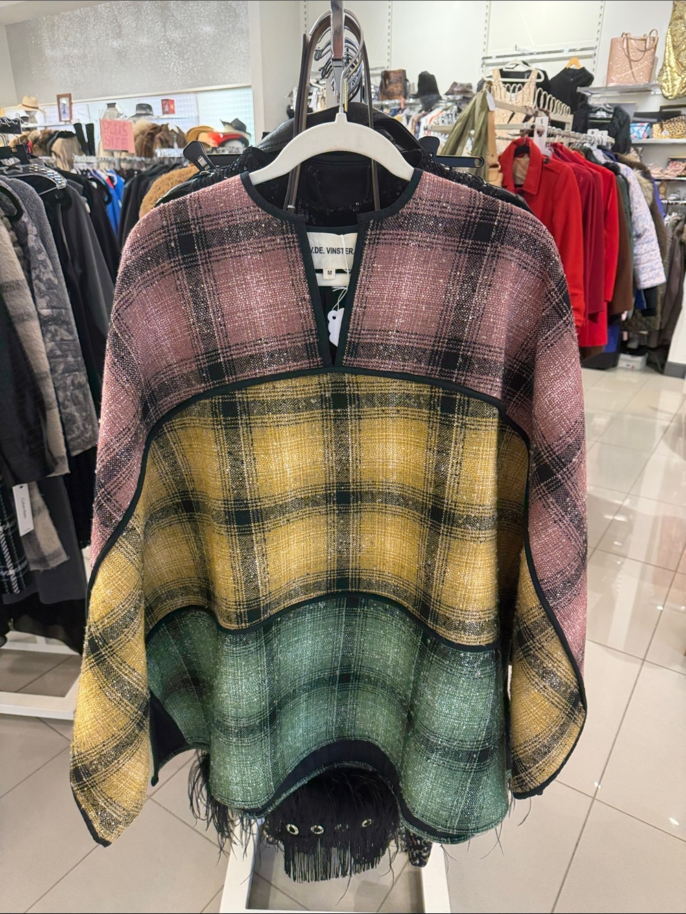 Plaid Colorblock Knit Poncho - Pink, Yellow & Green